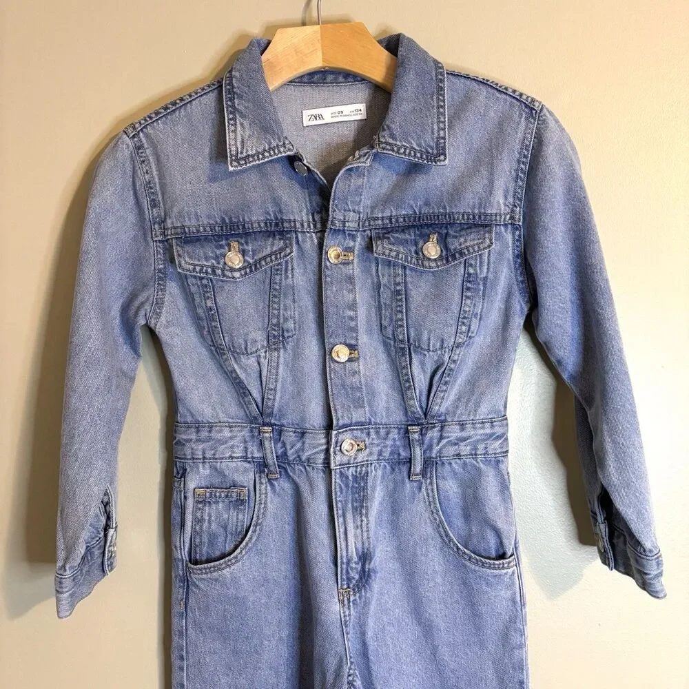 ZARA Girls Sz 9 Denim Blue Jean Utility Jumpsuit Wide Leg Streetwear